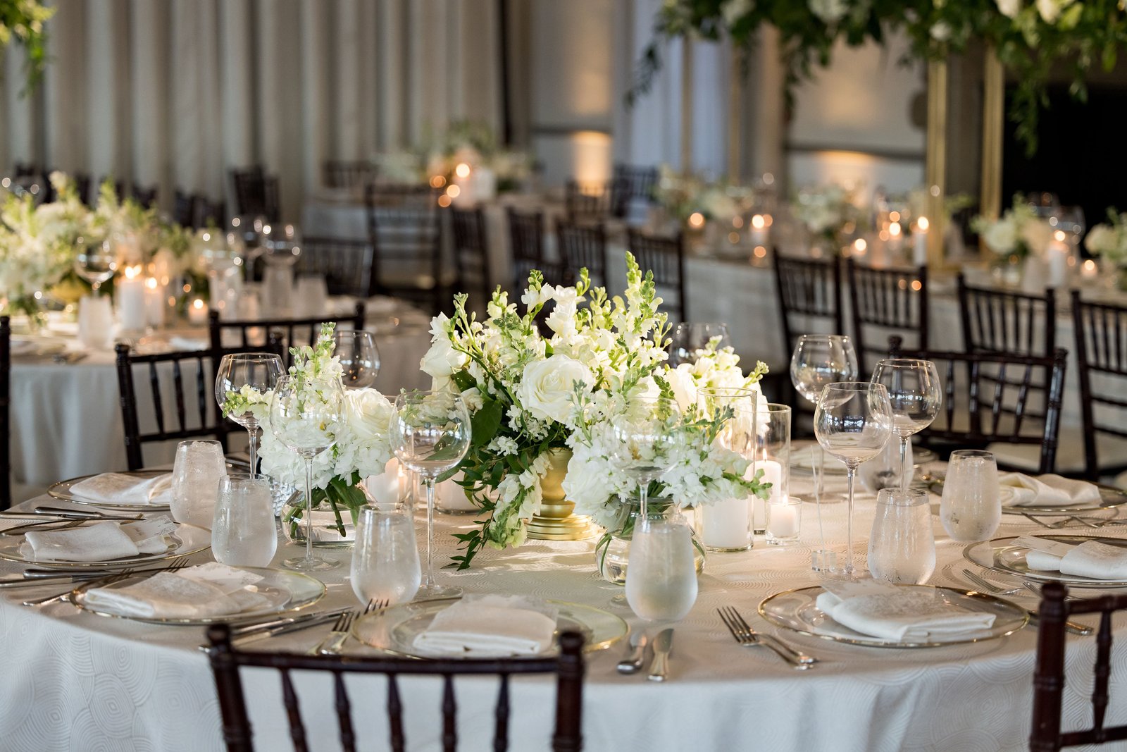 White reception tablescapes and centerpieces